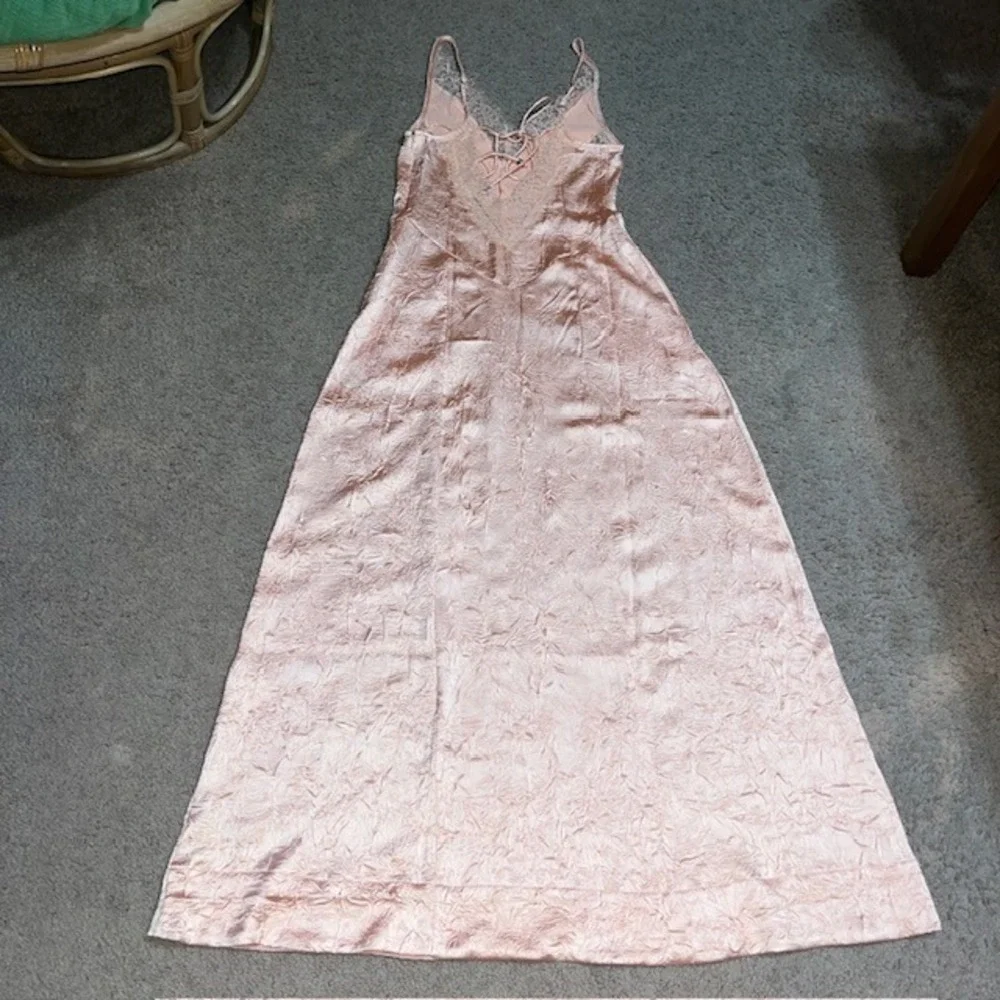 Free People Maybe Forever Maxi Dress Lace‎ Trim Crinkle Satin Peach 2